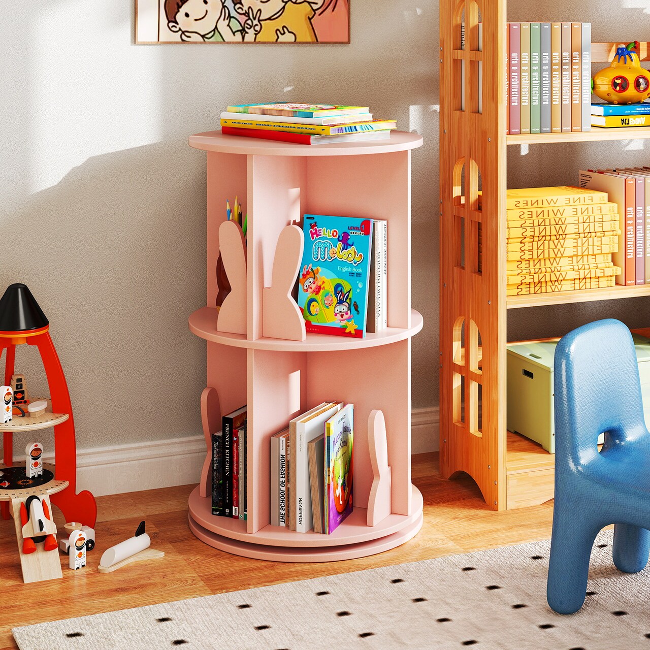 Freestanding 2 Tier Rotating Bookshelf Storage Rack for Kids Room Decor